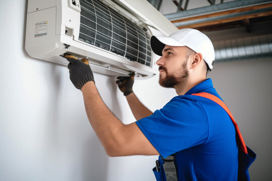 HVAC technician installing a mini split air conditioner in Paramount