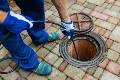 Plumber cleaning an outdoor sewer drain in Paramount