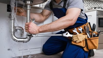 Plumber repairing pipes beneath a sink in Paramount